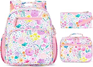 Girls Backpack with Lunch Box: 3PCS Kids Backpack Set for Kindergarten Elementary - 15 IN Cute Bookbag - Flower Pink