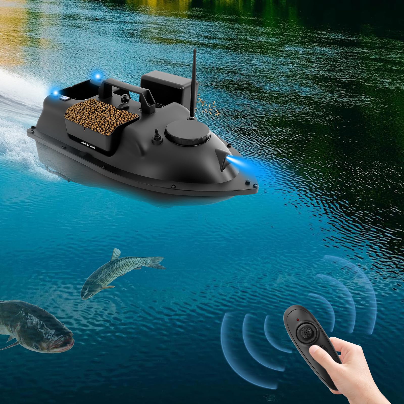 Barca da pesca radiocomandata da 500 m, con luce LED, carico da 2 kg, batteria da 5200 mAh, Cruise Control, ABS Bait Boat per pesca notturna, pesca alla carpa, fiume, nero