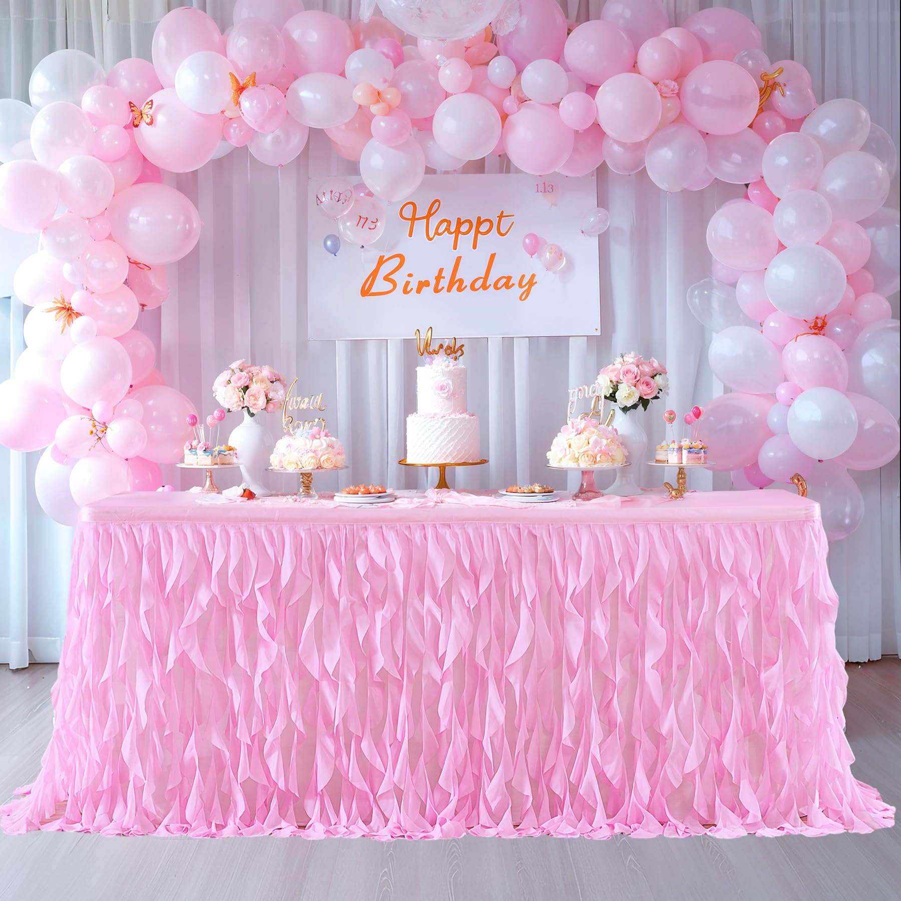 PARTISKY Gonna da tavolo in tulle rosa riccio in salice per tavolo rettangolare da 5,2 m, con volant, per baby shower, feste di compleanno e torte