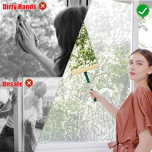 Miniatura 10 de Escobilla para limpieza de ventanas con mango largo de 60 pulgadas, esponja limpiadora de ventanas 2 en 1 y goma de hoja de doble cara, herramienta