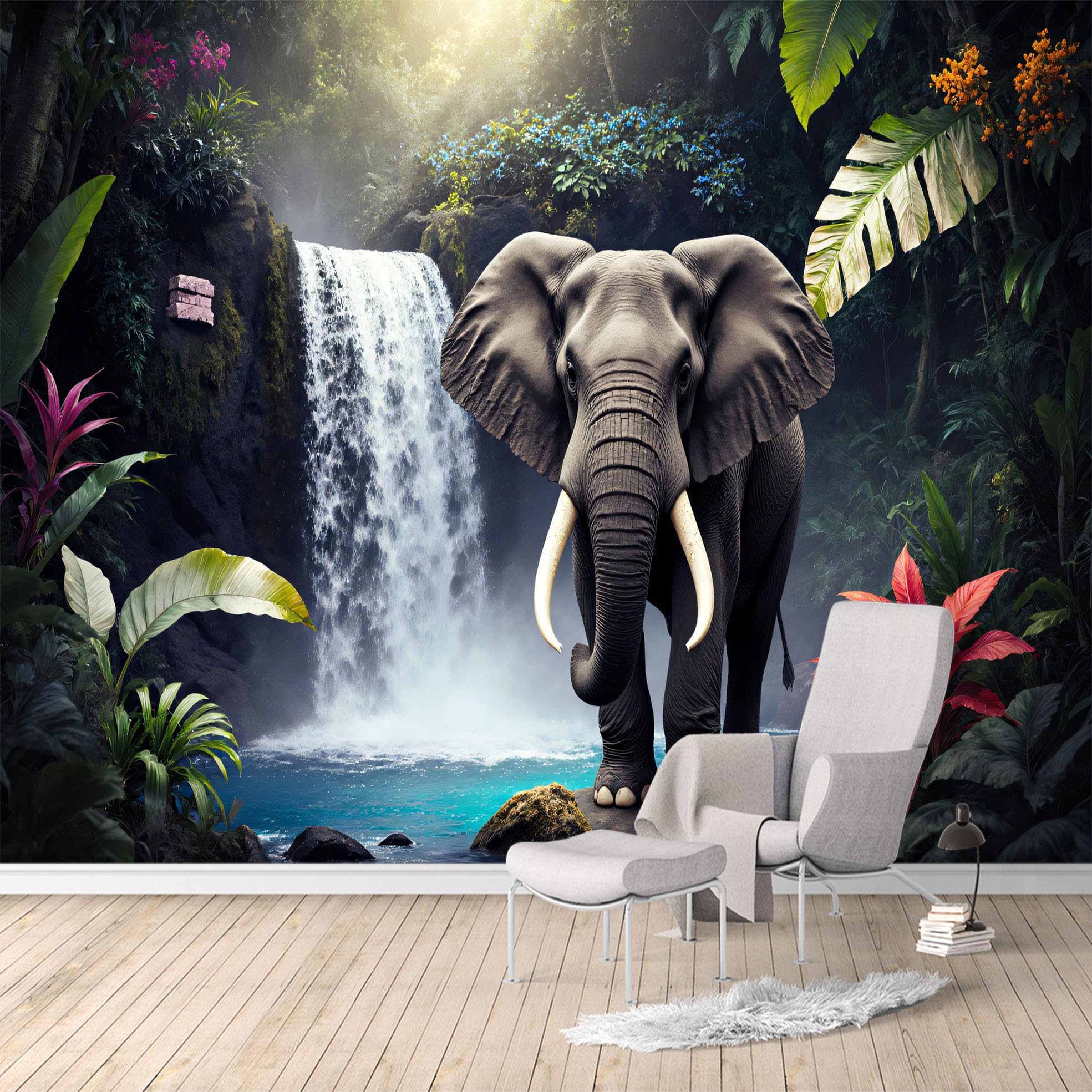 Custom Size Wall Mural,Elephant Jungle Waterfall Tropical Forest Nature Scene,Removable Self Adhesive Large Wallpaper Mural for Living Room Bedroom Office Home Decor