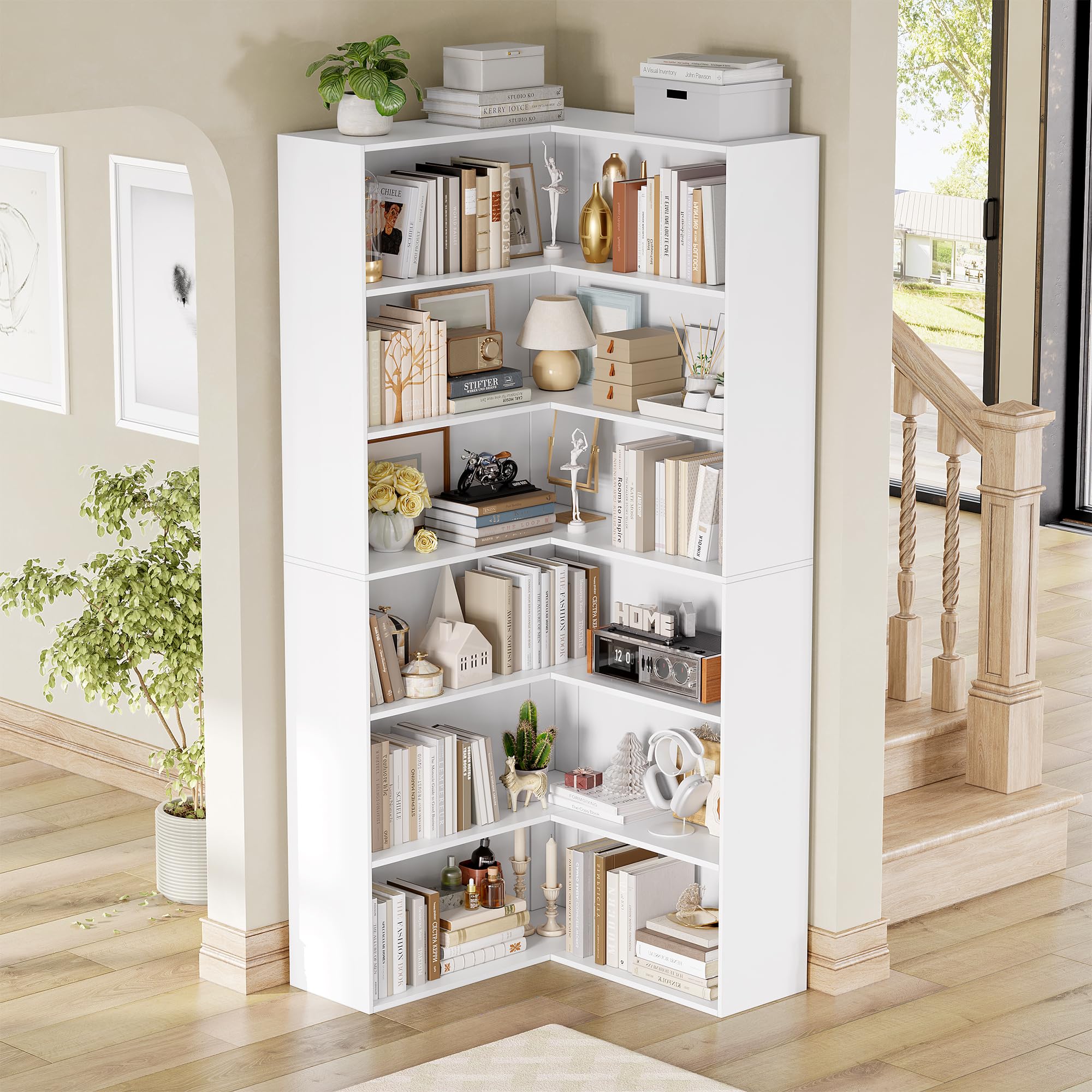 FirFurd 186,4cm Libreria Angolare a 6 Ripiani, Libreria da Parete, Bianco
