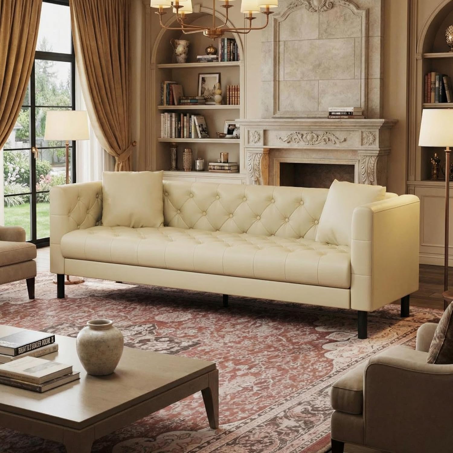 IDEALHOUSE Mid Century Modern Sofa 81 inch, Faux Leather Sofa 3 Seater, Apartment Sofa for Living Room, Chesterfield Tufted Couch with Deep Seats and 2 Pillows, Sectional Style Couch, Beige