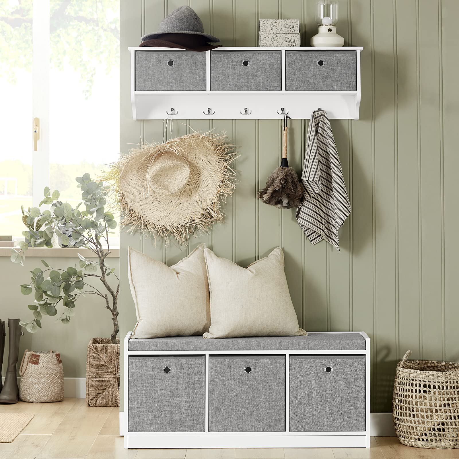 SoBuy Panca scarpiera Cassapanca da Interno Mobile Bagno con 3 cesti Bianco e grigio L102*P32*A45cm FSR65-DG