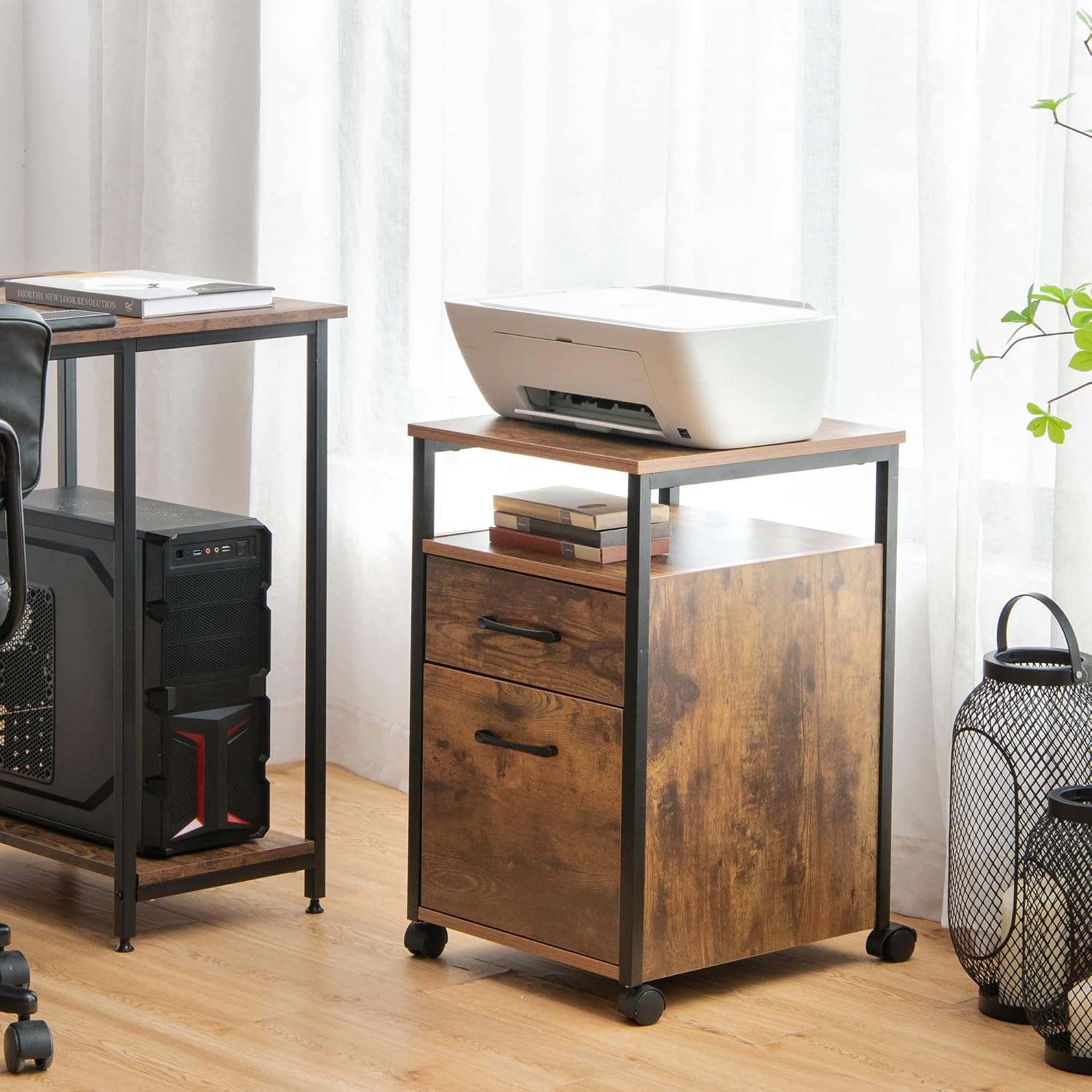 LOKO 2 Drawer Mobile File Cabinet, Rolling File Cabinet for Under Desk with Open Shelf, Print Stand with Wheels, Lateral Filing Cabinet fits A4 or Letter Size for Home Office, Rustic Brown