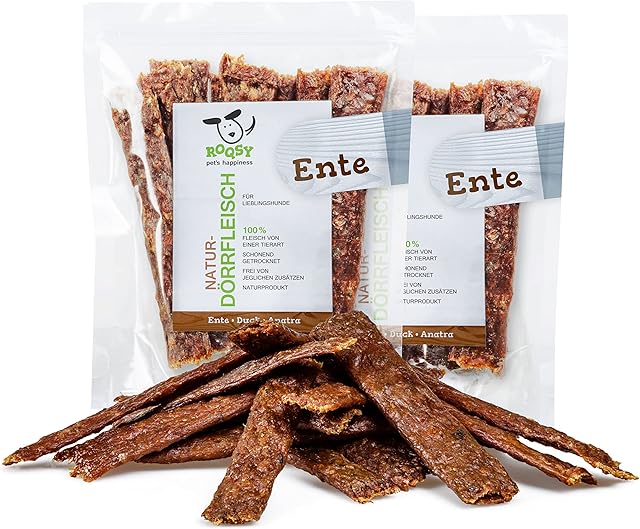 ROQSY Naturalne suszone mięso 100% kaczki, suszone mięso dla psów, 200 g/2 x 100 g, dodatek barf, bez zbóż, Jerky, przekąska dla psów, paski do żucia, smakołyki, mięso zakupowe delikatnie suszone