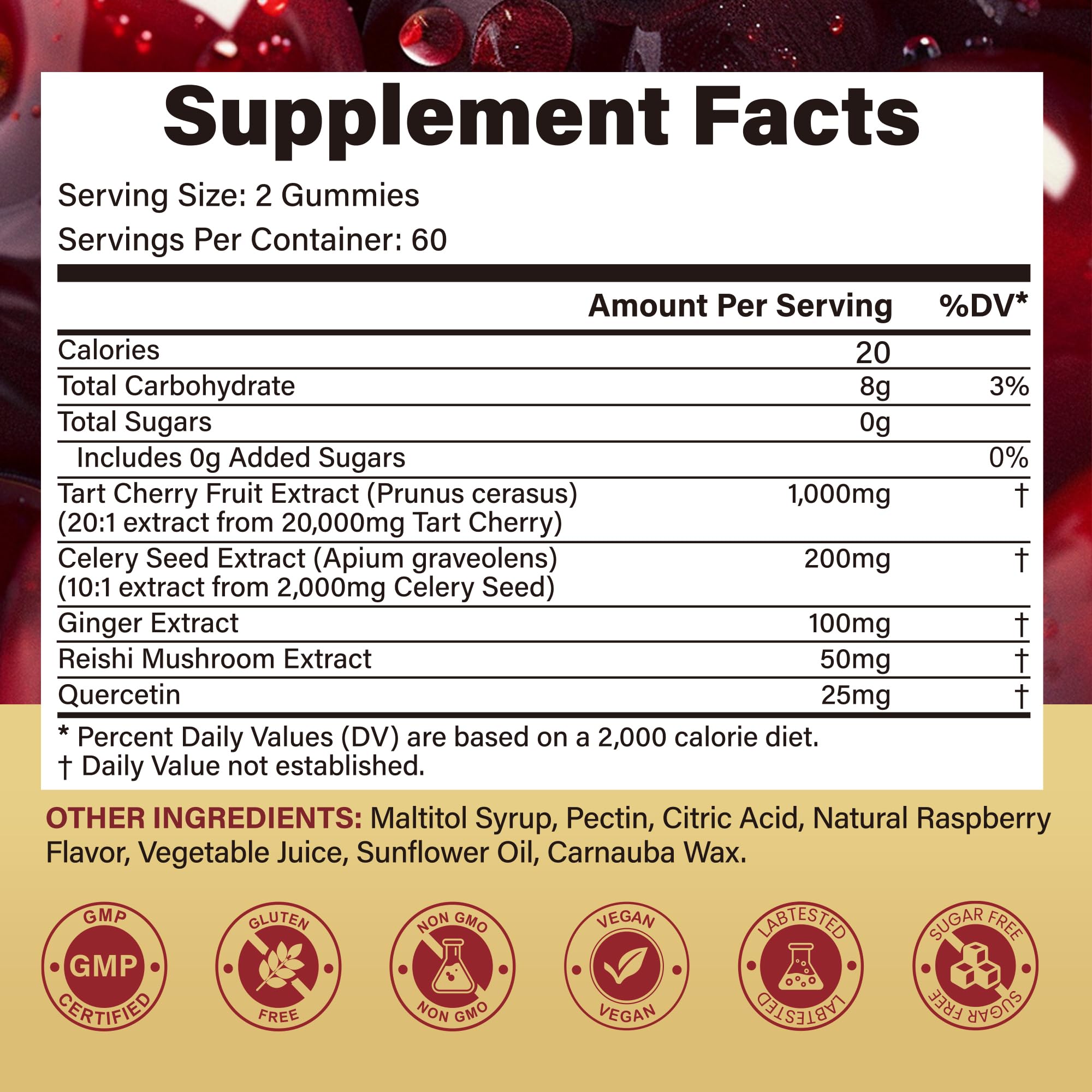 Tart Cherry Gummies | 120 Gummies | 1000mg Tart Cherry Extract with Celery Seed, Ginger, Reishi Mushroom & Quercetin | Sugar Free | Antioxidant Supplement — Amazon image 2