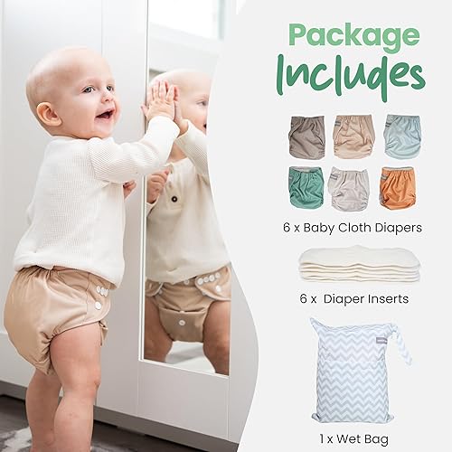 Miniatura 2 de Pañales de tela con 6 insertos y bolsa húmeda, reutilizables, ajustables para bebés y niños pequeños, pañales de talla única que crecen con tu bebé,