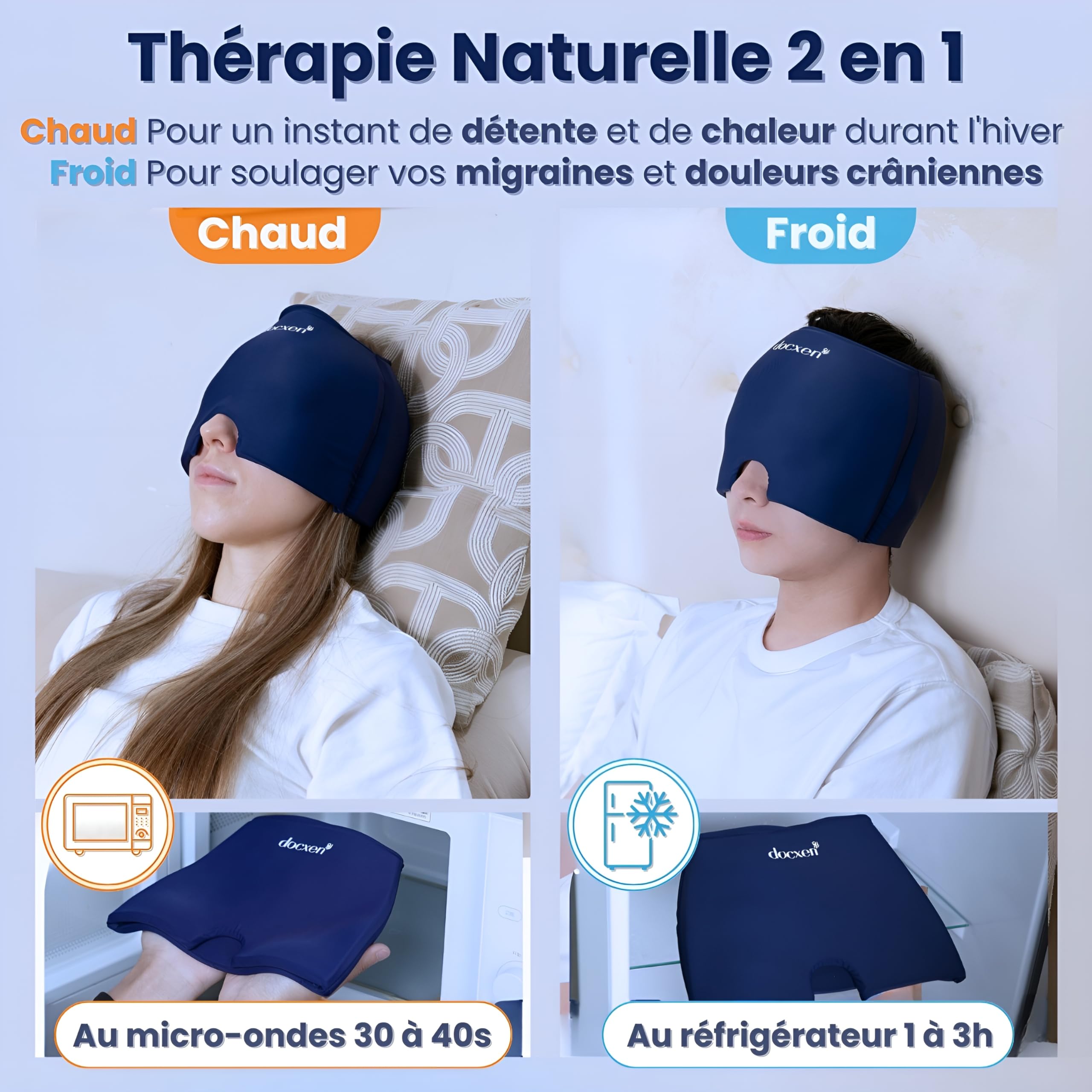 Masque Migraine Froid 360° - Bonnet Anti Migraine ✮GARANTIE À VIE✮ Bonnet Migraine Froid en Gel + Guide Essentiel + Housse Pratique - Masque Anti Migraine, Céphalées, Maux de tête, Stress