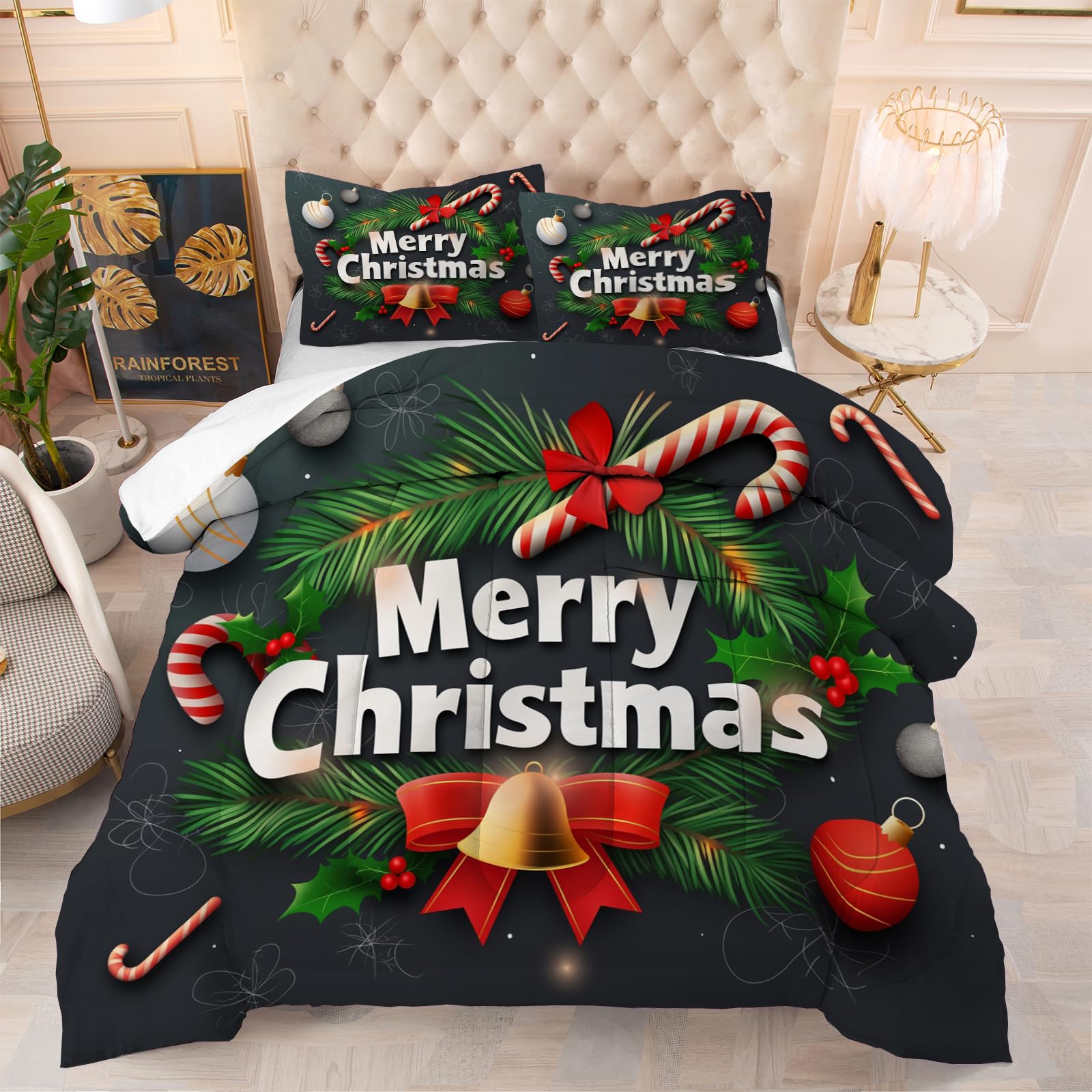 GSAEIMCT King Size Duvet, Down Alternative Comforter Set with 2 Pillowcases, Merry Chrismas Coverless Duvet Microfiber Soft Warm Bed Quilt for All Seasons, Christmas wreath, 230x220cm