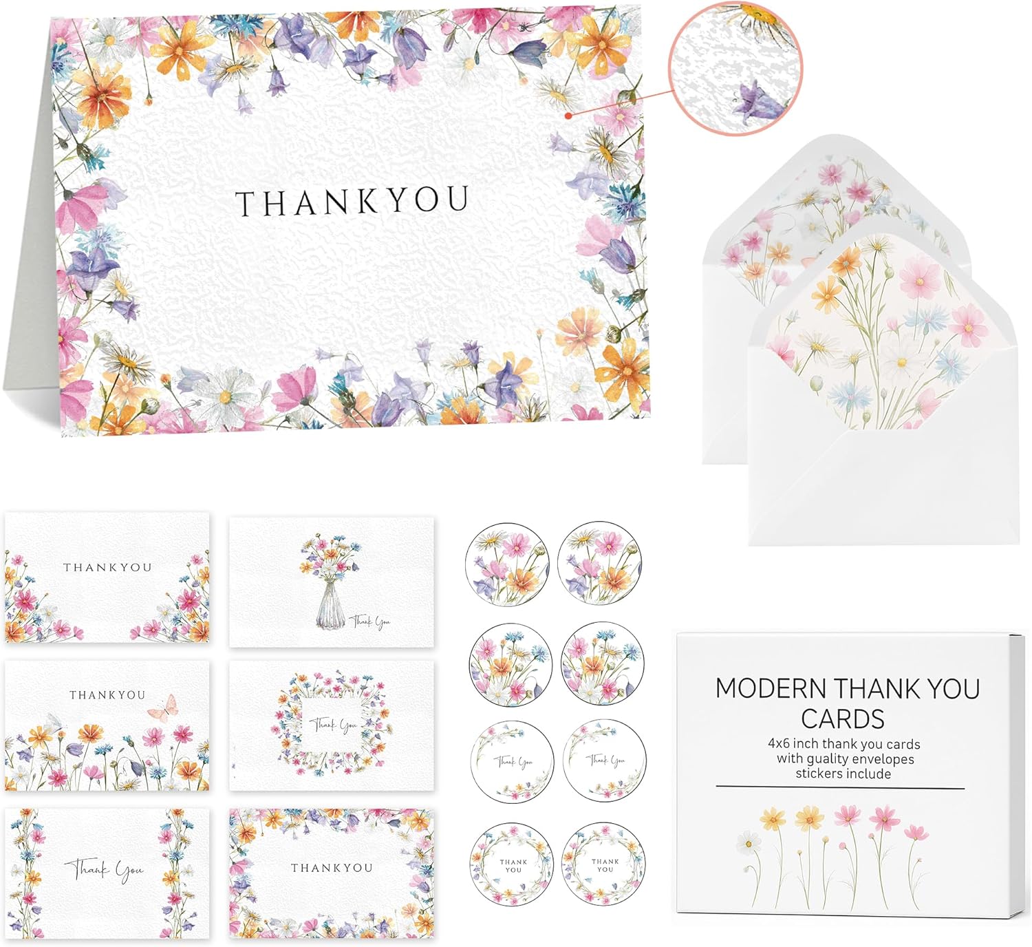 24 Thank You Cards with Envelopes and Stickers – 6 Elegant Floral Embossed Designs, 4x6” Bulk Thank You Card Set – thank you notes for All Occasions,Weddings, Business & Baby Showers