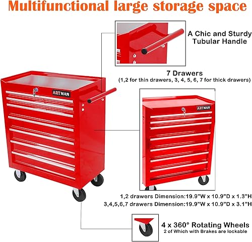 Miniatura 4 de Carrito de herramientas de 7 cajones con ruedas, multifuncional, almacenamiento de herramientas, organizador de herramientas para garaje, almacén,