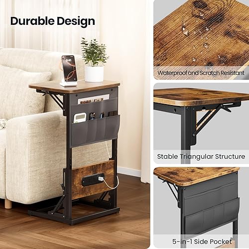 Miniatura 8 de HLDIRECT C Shaped End Table with Charging Station, Couch Side Table with Storage Bag, Foldable TV Tray with 2 USB Ports and Outlets for Living Room,