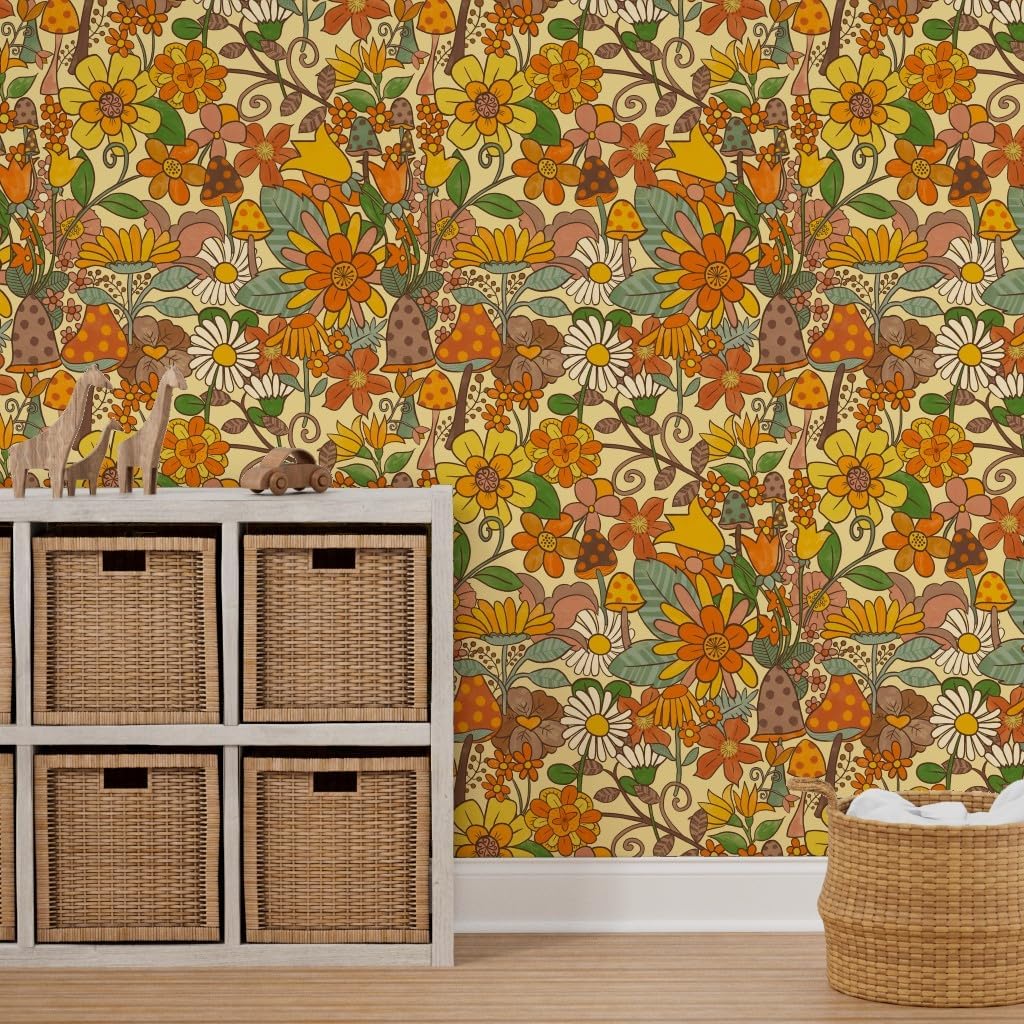 Spoonflower Removable Wallpaper 6ft x 2ft - Flowers Vintage Mushrooms Groovy Flower Power Earth Tones Custom Pre-Pasted Wallpaper