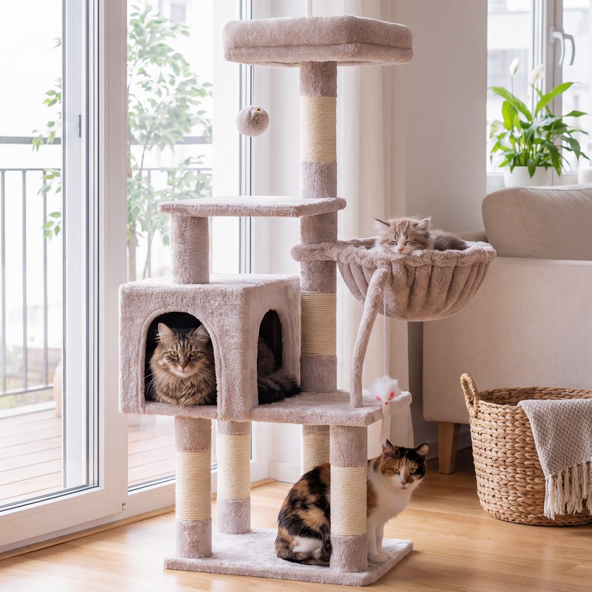 Hey-brother Árbol rascador para gatos de 111 cm con juguete, rascador con plataforma, hamaca y troncos de sisal, marrón beige EMPJ004SMU-N