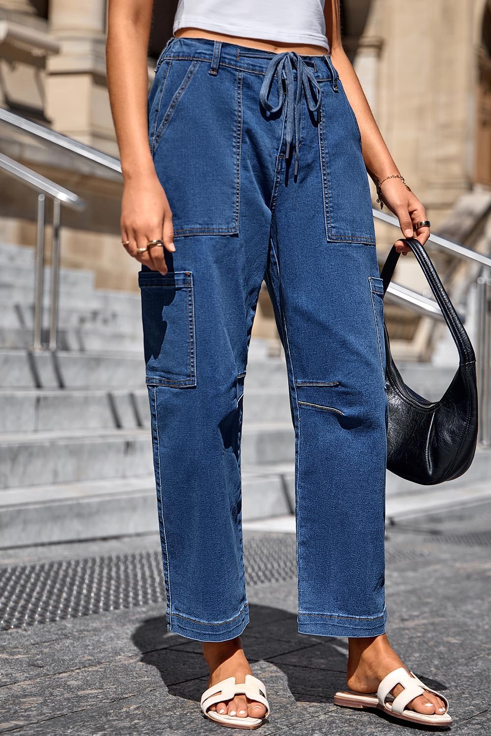 Dokotoo Jeans for Women Casual High Waisted Straight Wide Leg Pants Loose Cargo Denim Pants with Pockets - Image 4