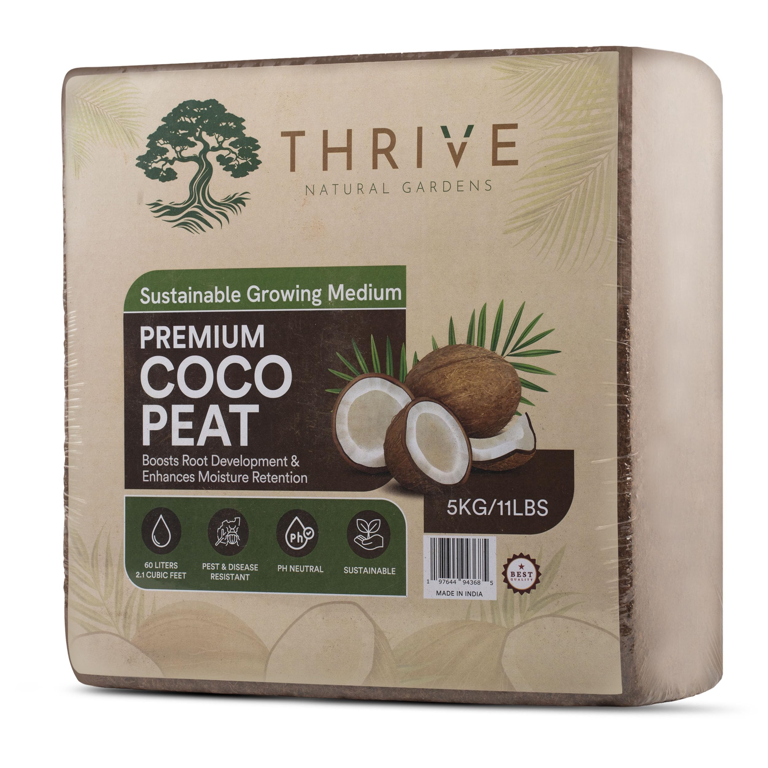 Coco Coir for Plants - Coconut Coir to Promote Optimal Root Aeration - Unbuffered and Low EC Coco Coir Brick - Lightweight and Easy to Handle - 5kg/11lbs