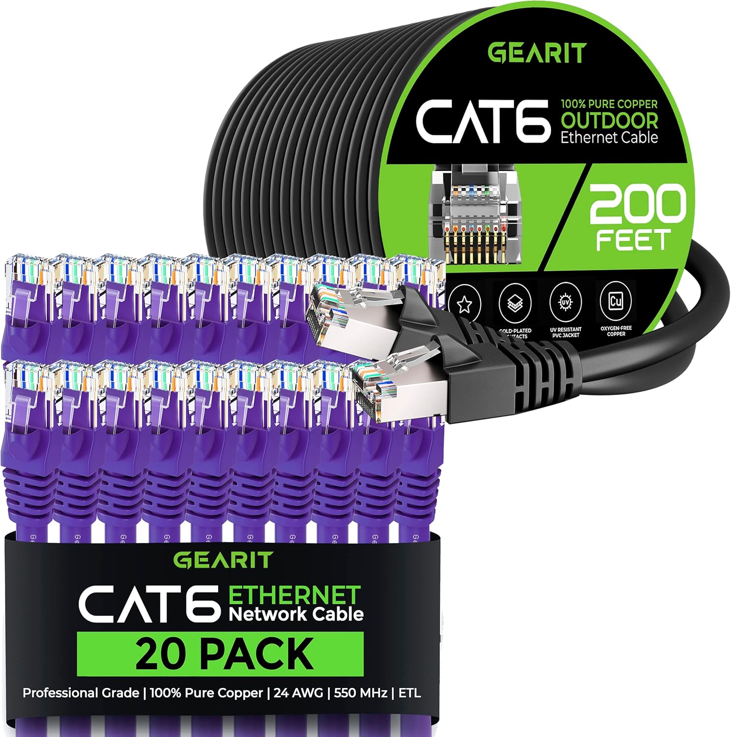 GEARit 20Pack 1ft Cat6 Ethernet Cable & 200ft Cat6 Cable
