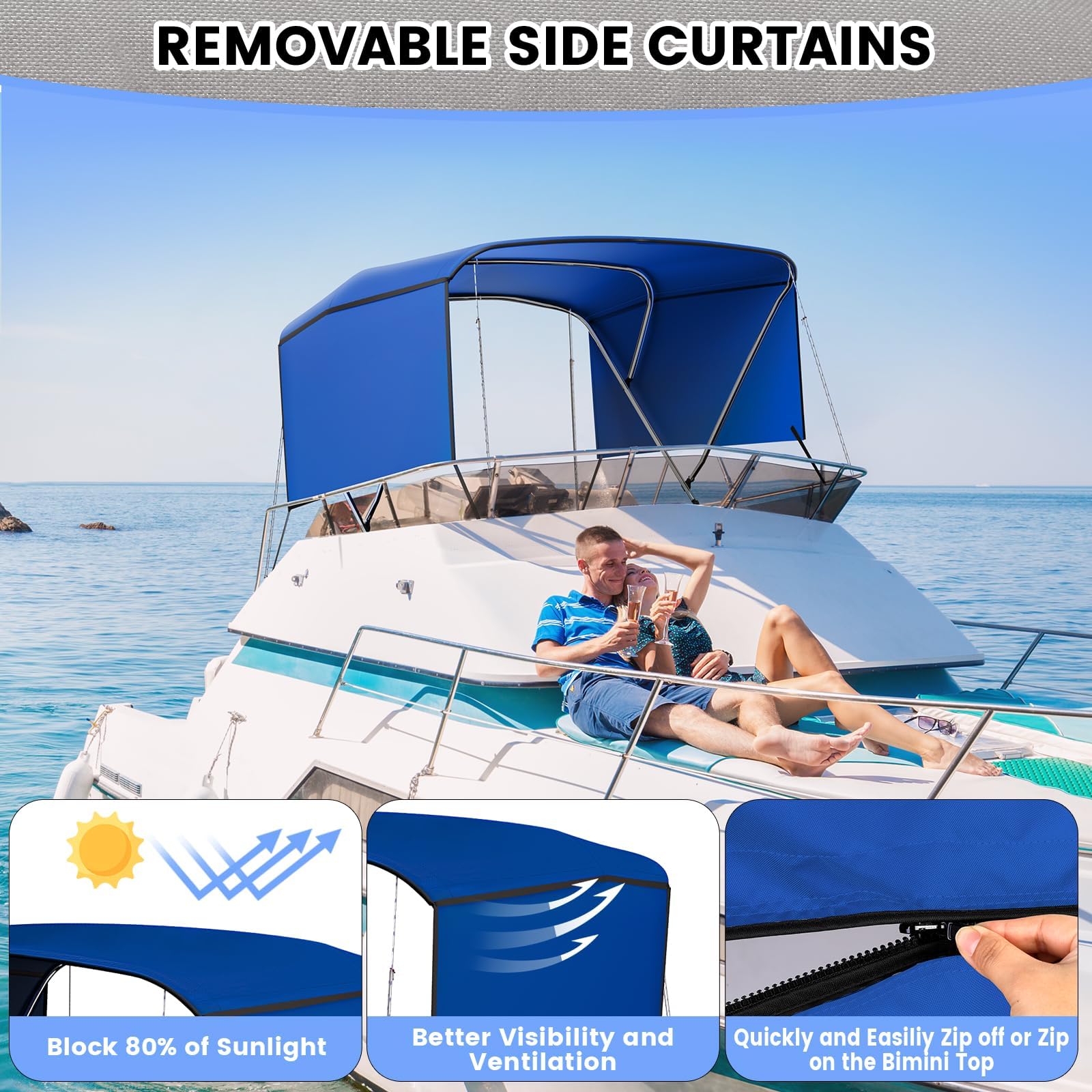 Top Bimini per barche a 3 archi con tende laterali rimovibili e telone impermeabile, resistente baldacchino in tela di grado marino, telaio in alluminio regolabile - Versatile Pontoon Boat