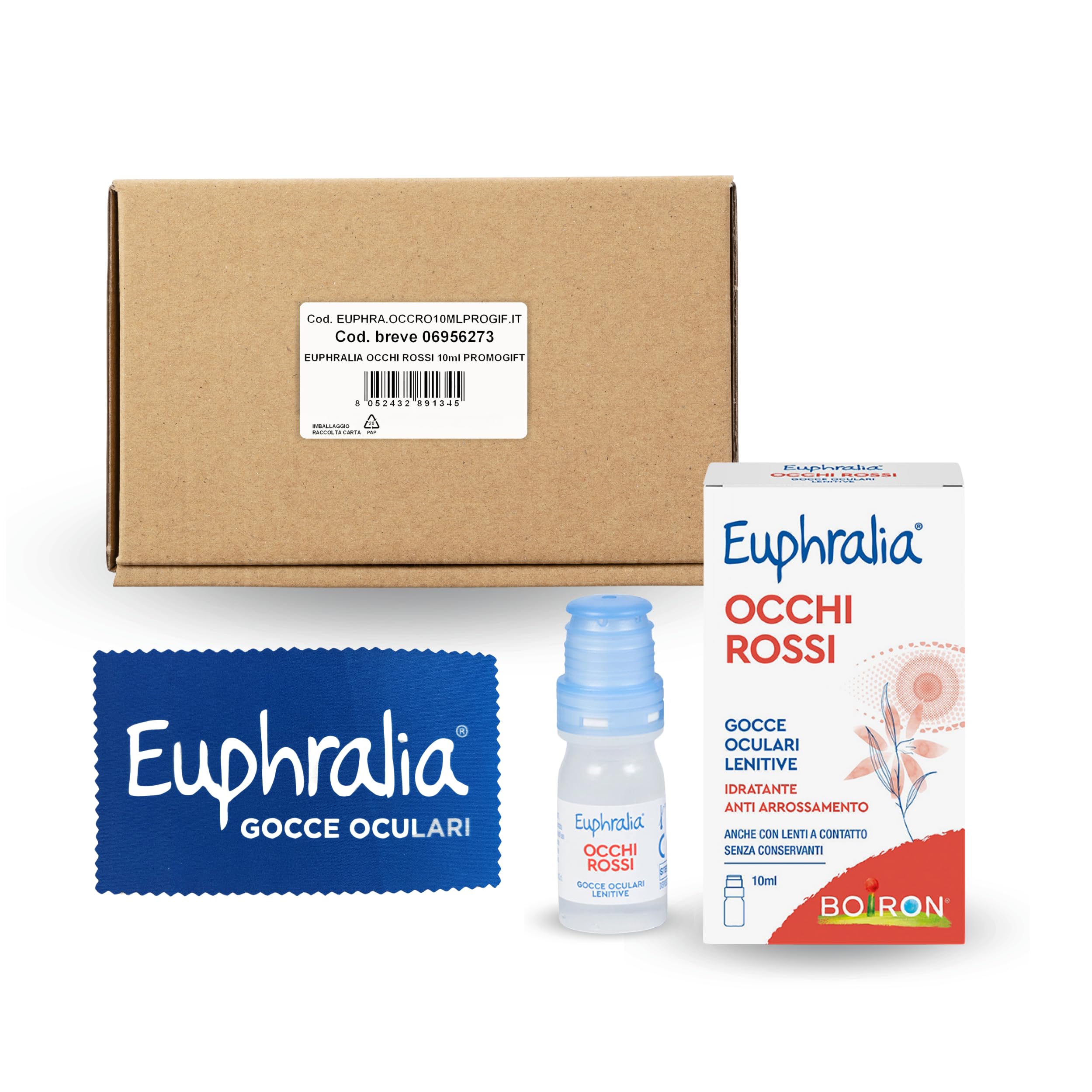 Euphralia Occhi Rossi - Gocce Oculari Lenitive, Rimedio in caso di Discomfort Oculare e Arrossamento, Idratante, con Acido Ialuronico, Acqua Distillata di Camomilla - Flacone da 10 ml + Panno Occhiali