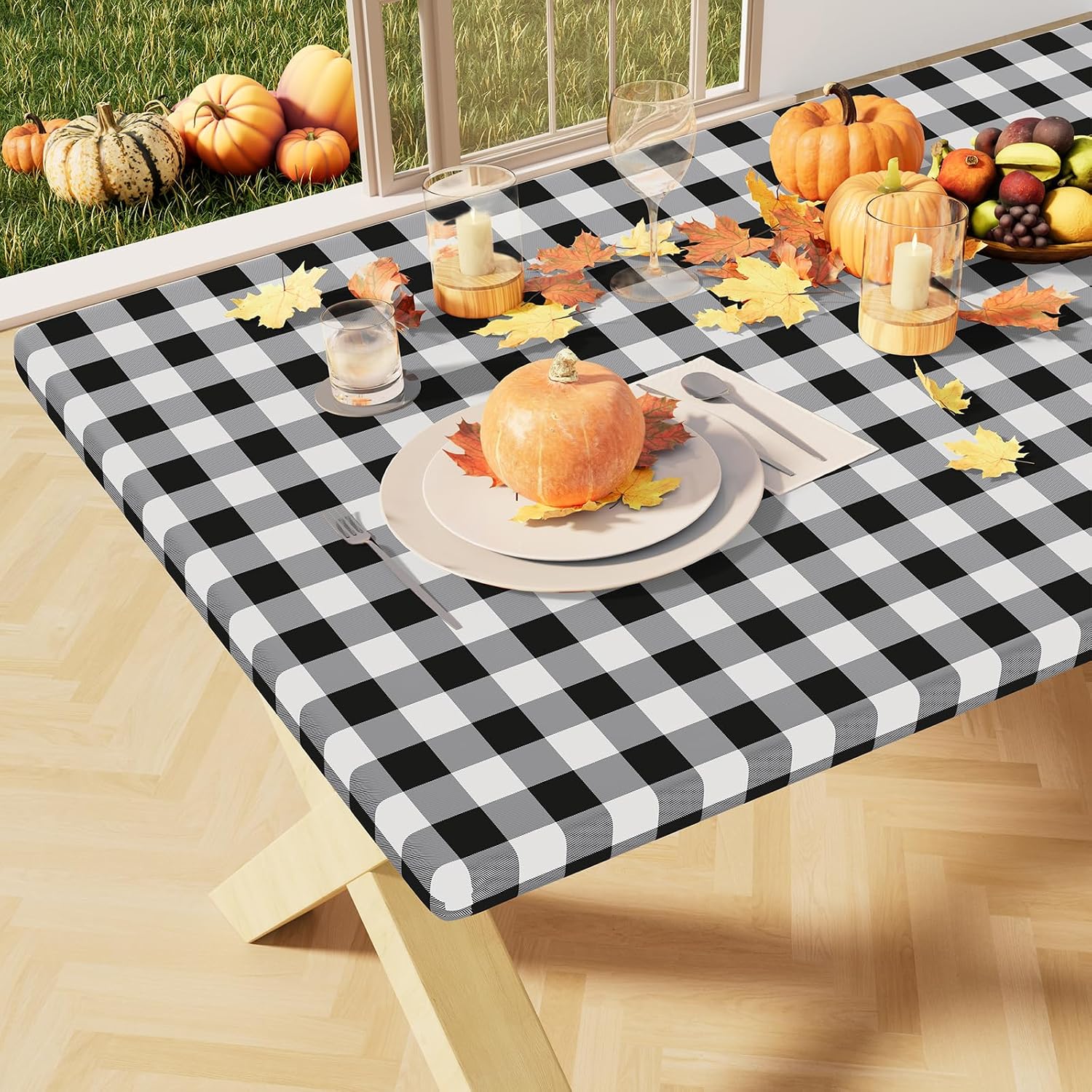 misaya Buffalo Rectangle Picnic Tablecloth, 6 Foot Elastic Fitted Vinyl Table Cloth with Flannel Backing, Waterproof Plaid Table Covers for Dining, Camping, Outdoor (Black and White, 30" x 72")