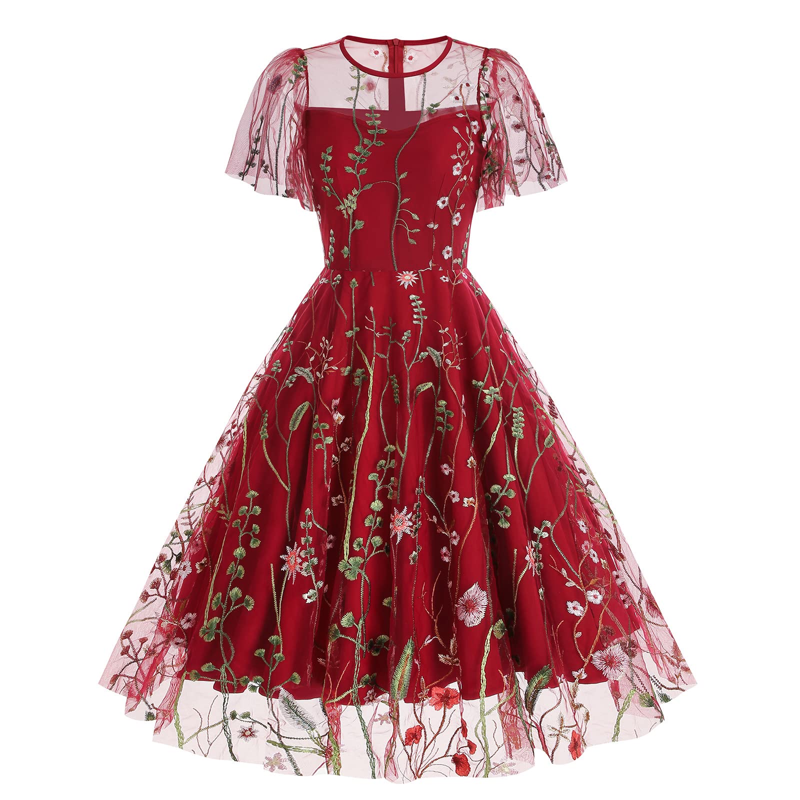 Vestido de tul con bordado floral para mujer, de malla transparente, estilo vintage, para cóctel, boda, fiesta, graduación, vestido de noche