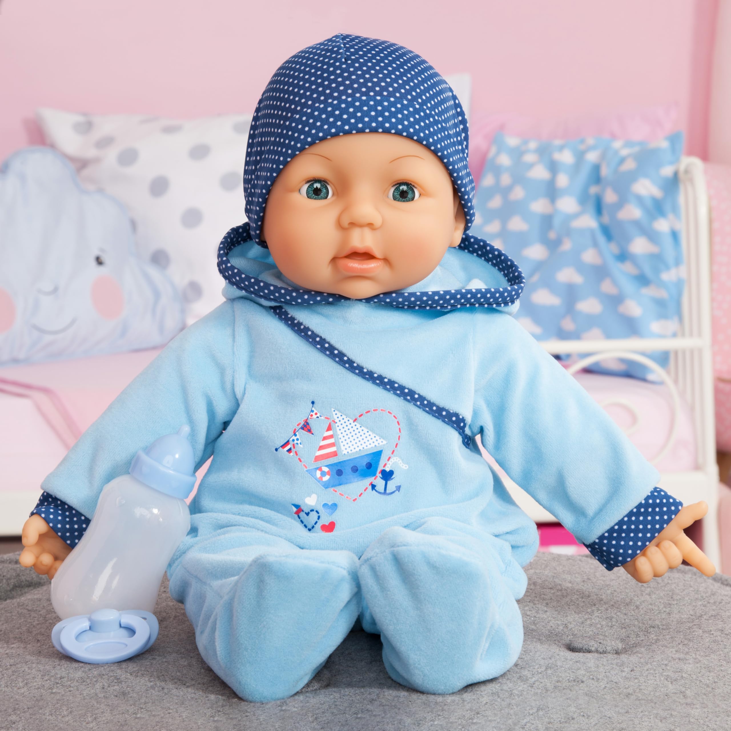 Lalka dziecięca chłopiec z funkcją Hello Baby 46 cm | z butelką dla dziecka i smoczkiem, porusza ustami, jasnoniebieski