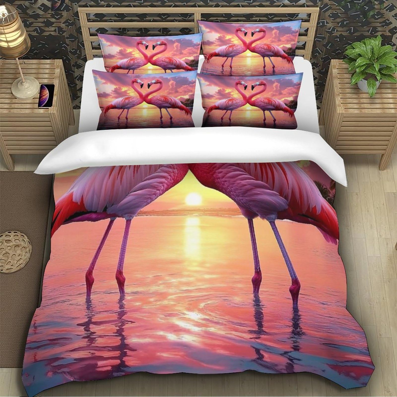 Flamingo-Pärchen 3D-Druck 3er-Set Steppbezug Tropische Sonnenuntergangsszene Bettdeckenbezug Mikrofaser Atmungsaktiv Staubmilbenfest für Jugendliche Männer Erwachsene King（220x240cm）