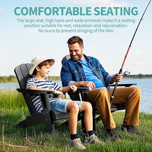 Miniatura 5 de NUNU LAB Silla Adirondack de gran tamaño resistente a la intemperie con soporte para tazas, silla negra para patio al aire libre, sillas Adirondack