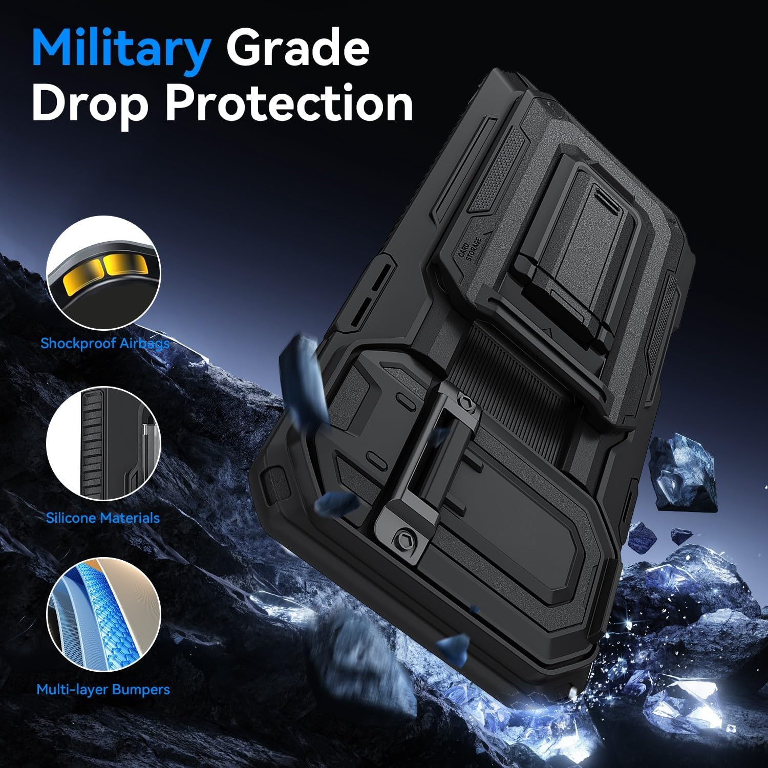 for iPhone 16 Pro Max Case with Semi-Automatic Card Slot (3-4 Cards) RFID Blocking & Kickstand & Camera Lens Cover & Wallet, Heavy Duty Rugged Phone Case (Black)