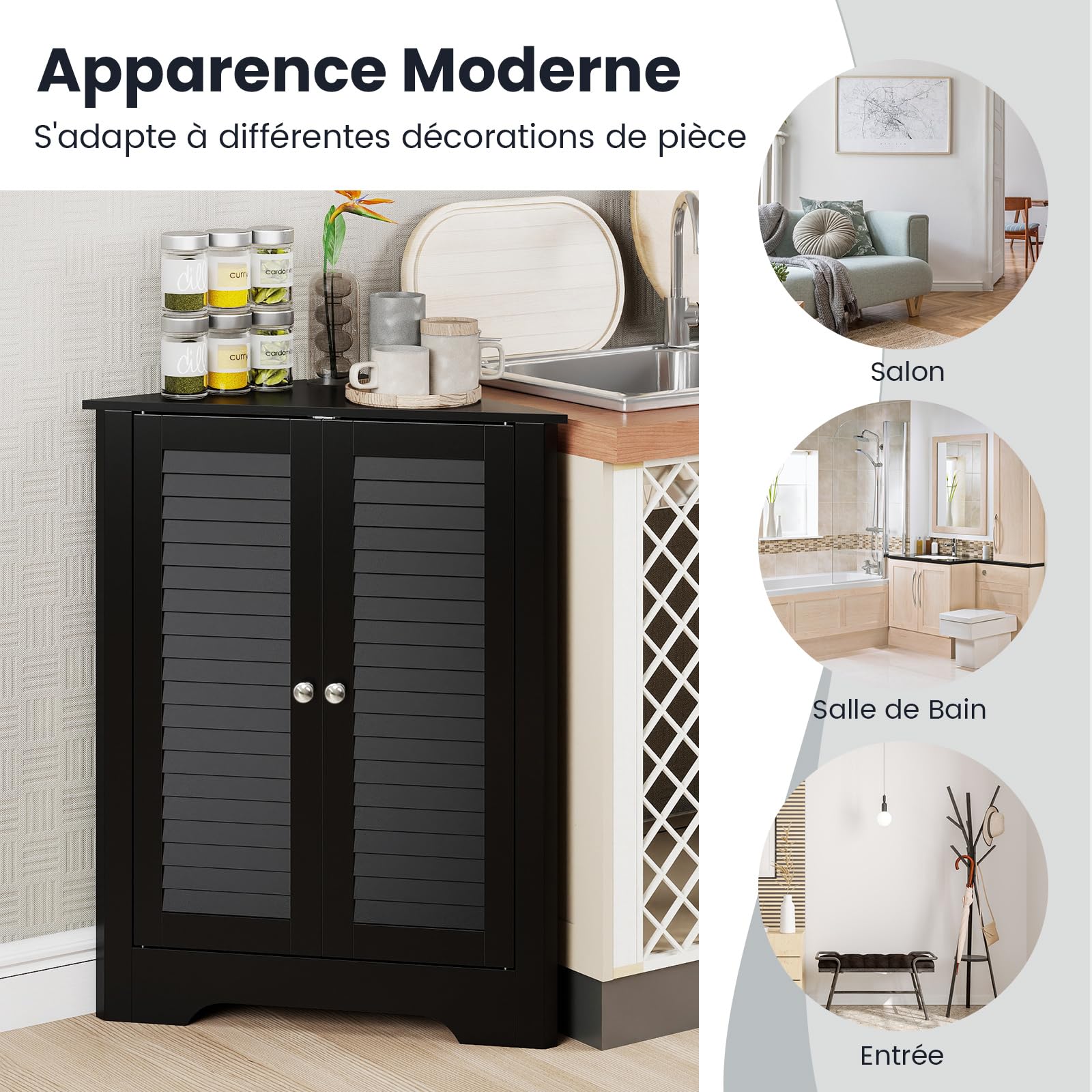 COSTWAY Meuble d'angle, avec 2 Portes et Étagère Réglable, Meuble de Rangement Autoportant pour Salle de Bain, Entrée, Salon, Chambre (Noir)