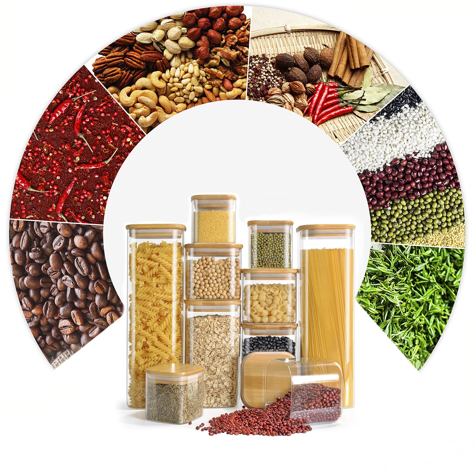 FINEW Lot de 10 boîtes de conservation en verre avec couvercle hermétiques - 2500 ml/1500 ml/750 ml/350 ml - Grand récipient en verre - Pour spaghetti, céréales, farine, épices