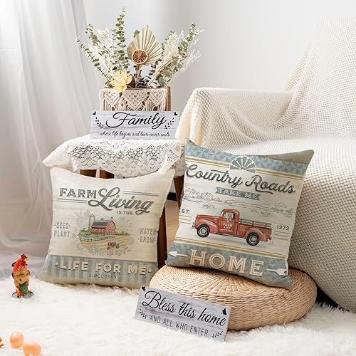 Miniatura 4 de Juego de 4 fundas de almohada vintage de 18 x 18 pulgadas con diseño de animales de granja retro, para camión, gallo, oveja, avícola, granja,