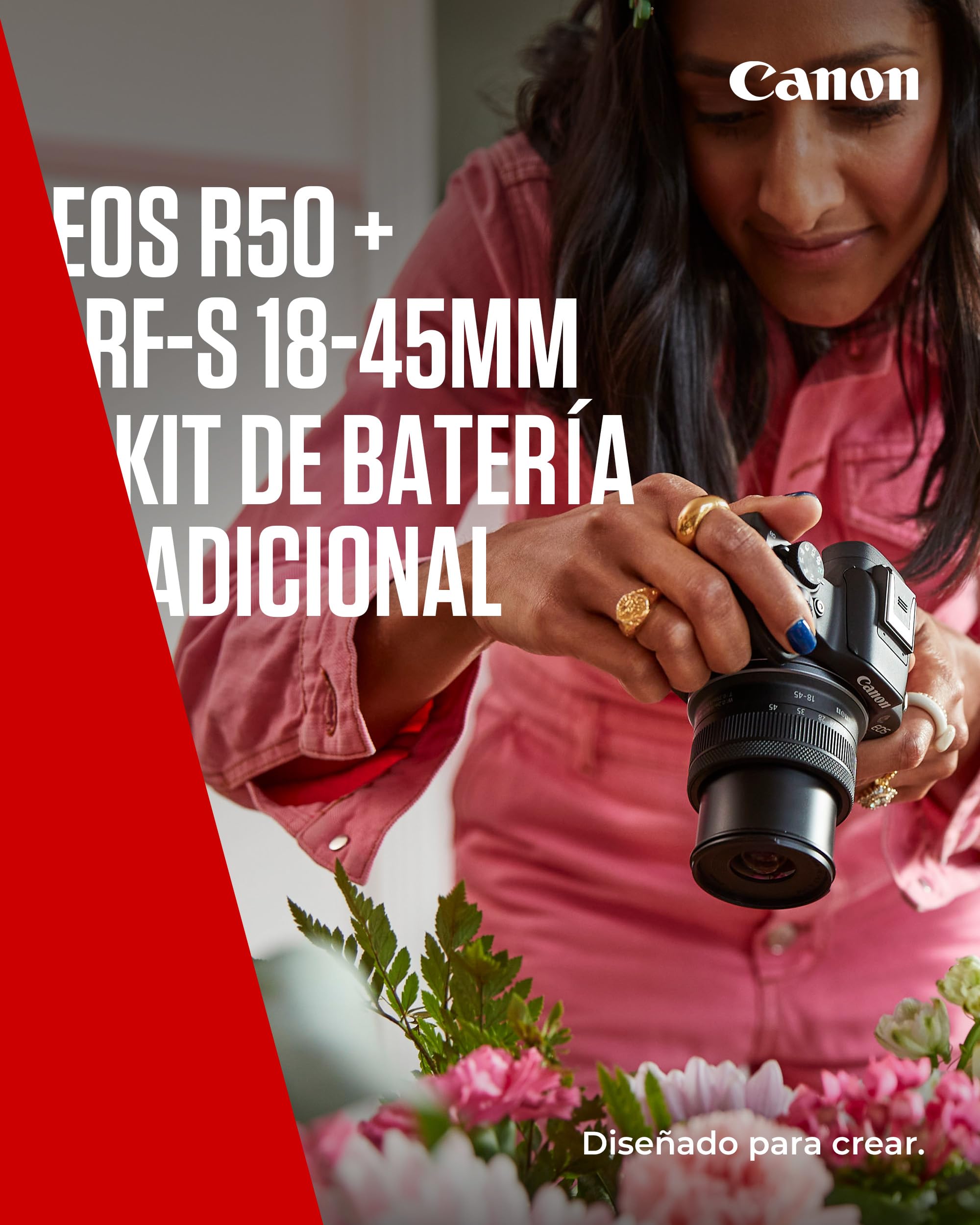 Canon EOS R50 Cuerpo Cámara Mirrorless + Objetivo RF-S 18-45 mm F4.5-6.3 IS STM + 2X Baterías (Kit de Batería Adicional), Cámara Evil APS-C (24,2 MP) -4 EV, Vídeo 4K 30 fps, Dual Pixel CMOS AF II