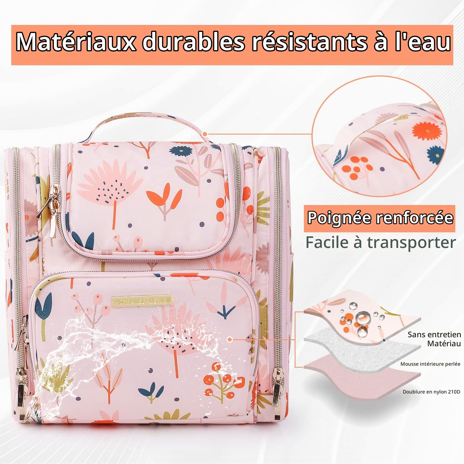 Trousse de Toilette Voyage pour Femme, Lychii Cosmétique Sac avec Crochet, Imperméable Pliable Trousse Maquillage Organisateur - Floarl