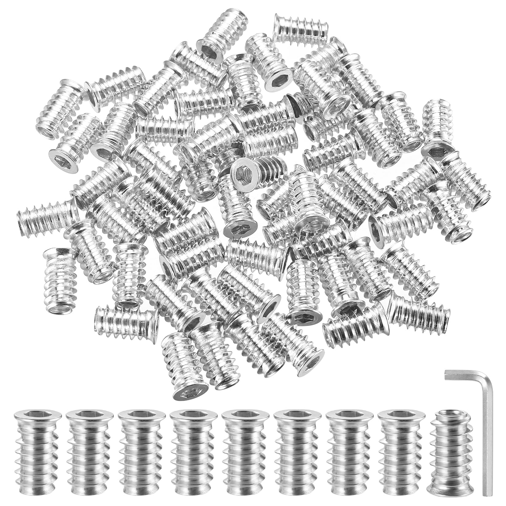 100 Pcs M6 Threaded Inserts for Wood, M6 x 20mm Thread Inserts for Woods, Furniture Hex Drive Screws Insert Nuts, Rivet Nuts Assortment for Wood Furniture Carpenter DIY Projects, with Wrench