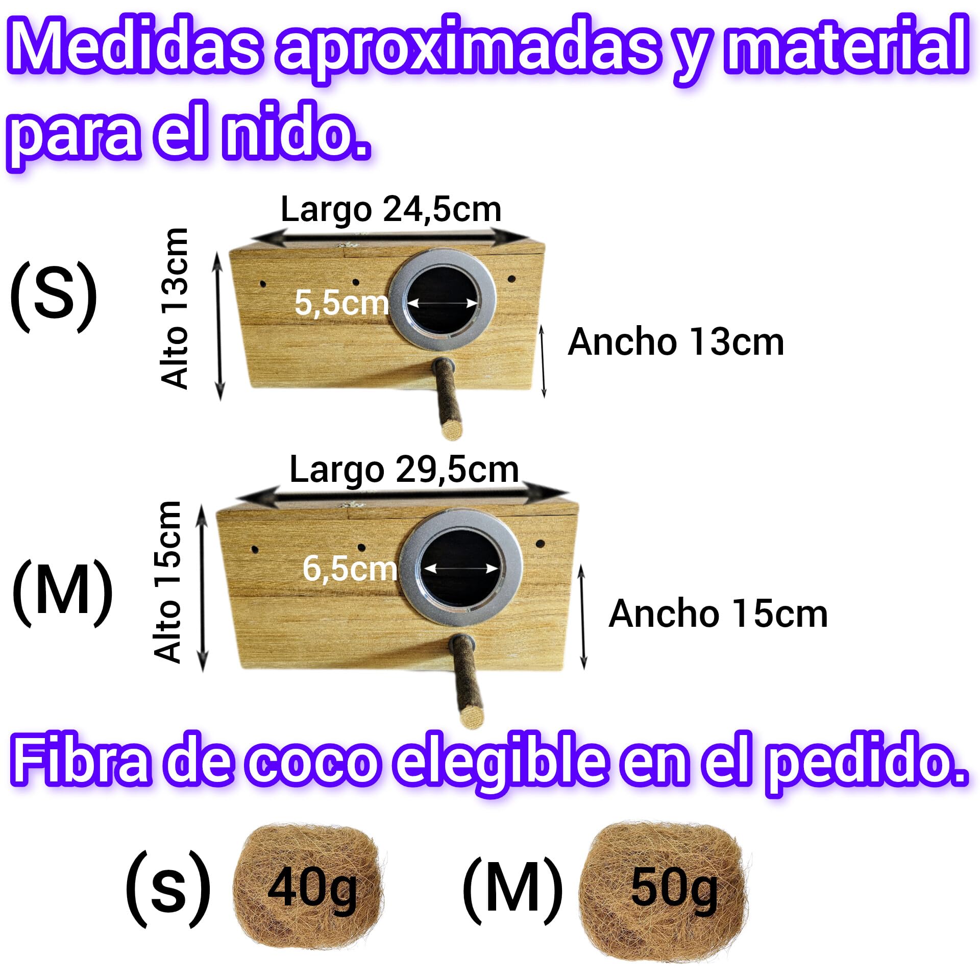Nido para loro caique, pyrrhuras, caja de cría aves ninfa, casa para jaulas de pájaros canarios, mandarines, refugio conures con percha natural, cama aviario agaporni, loris. (M, + Fibra de coco)