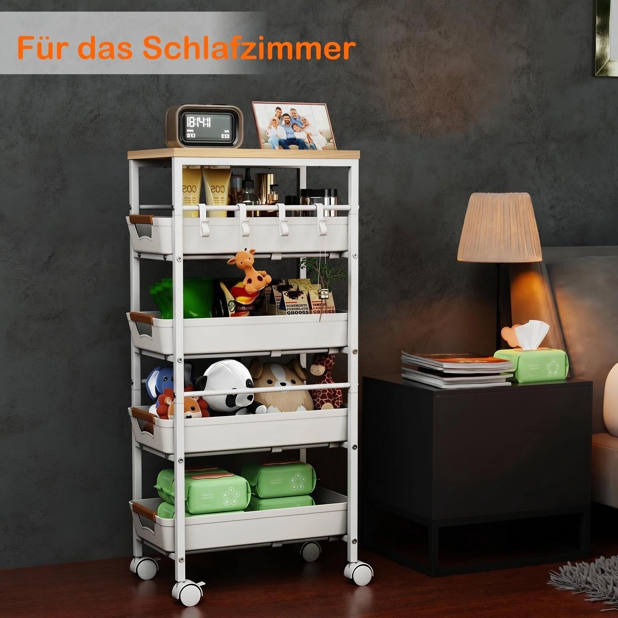 Küchenwagen mit 5 Ebenen & herausnehmbarer Schublade, Aufbewahrungswagen aus Metall mit Holzplatte, belüfteten Körben und Rollen, Snack-Organizer für Obst und Gemüse(32,5x36,5x82 cm, Weiß​​)