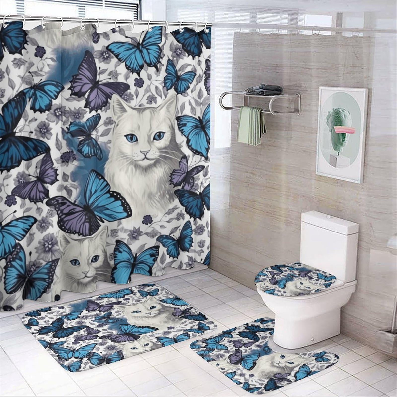 Rideau de douche papillon bleu et chat avec tapis de bain antidérapant et crochets