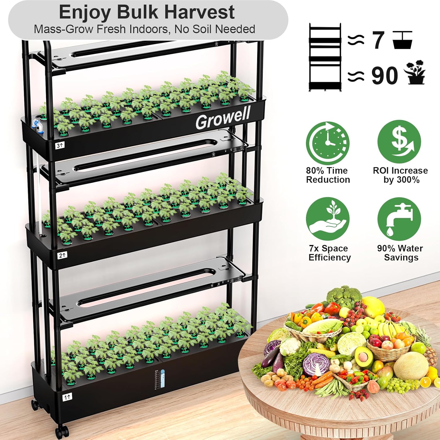 Growell Large Hydroponics Growing System, 90 Pods Vertical Hydroponic Garden with 2 Light Modes Grow Light, Auto Circulating Water System, 40L Indoor Gardening System for Herb Vegetable Fruit - Image 2