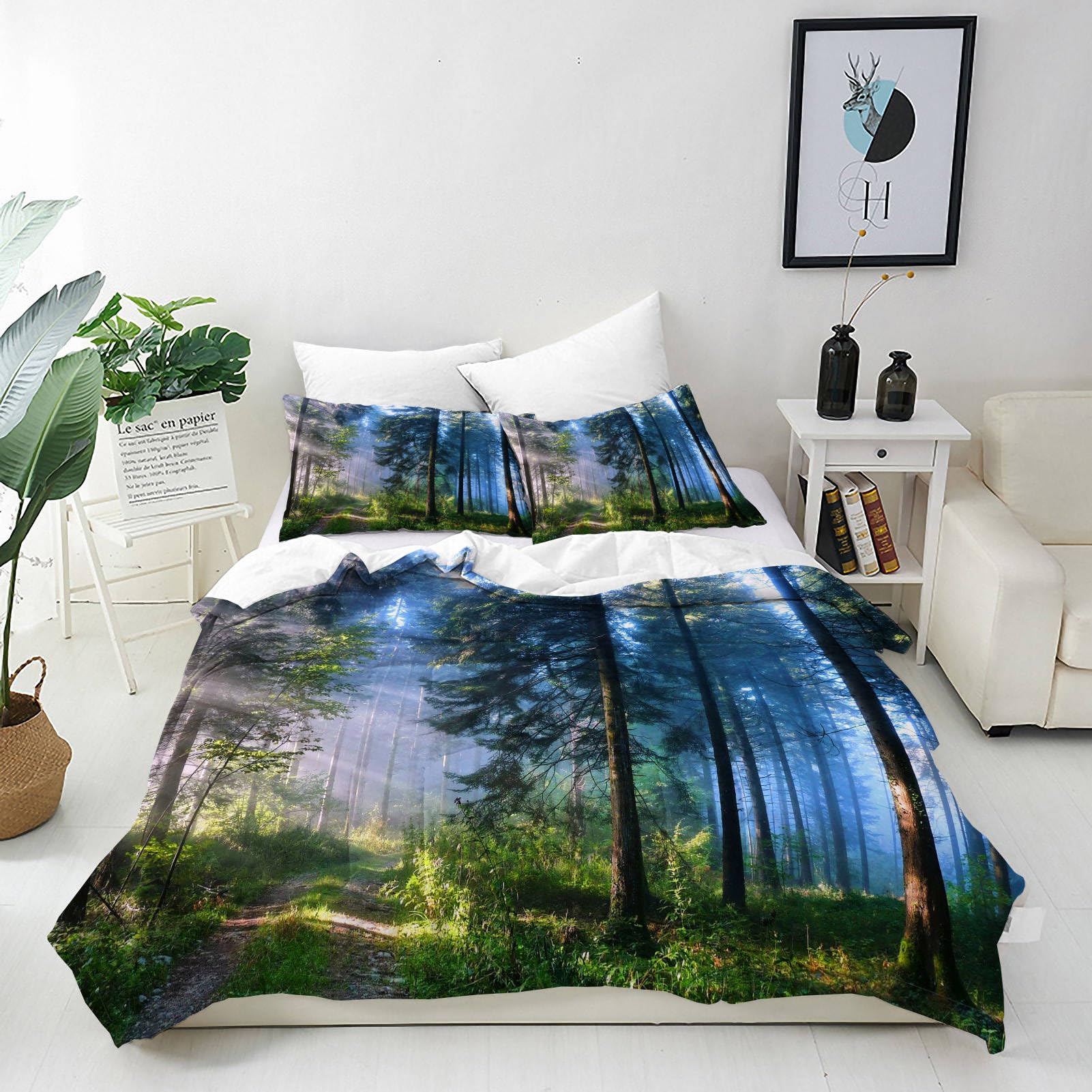 ANHOPE Forest Duvet Cover Set Soft Lightweight Microfibre Polyester 3 Piece Bedding Set with 2 Pillowcase Misty Forest Woodland Tree Print Pattern All Season Quilt Cover with Zipper Closure Double โ image 1