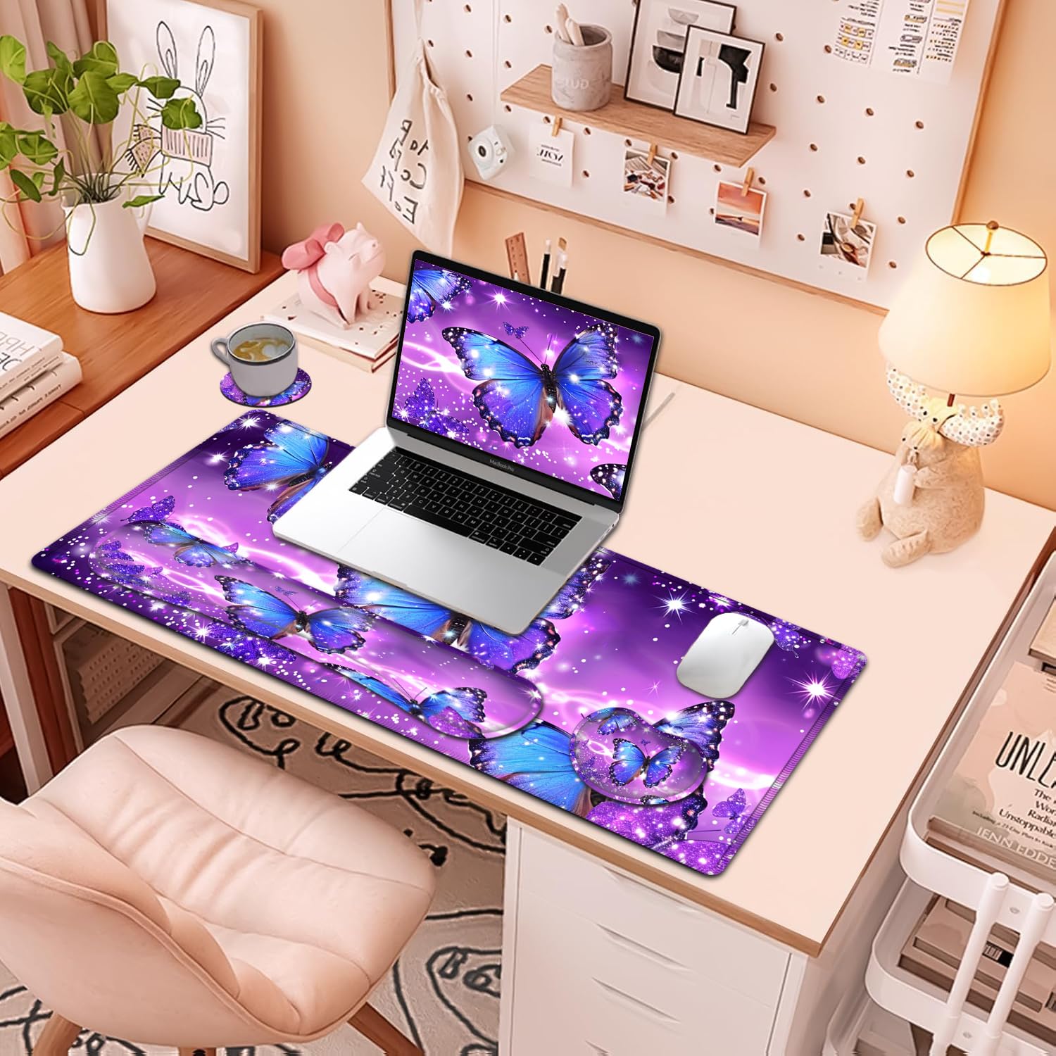 Großes Mauspad + Tastatur-Handgelenkauflage-Set, erweitertes Gaming-Mauspad (80 x 29 cm) mit rutschfestem Gummi, ergonomische Handgelenkauflage aus Memory-Schaum, blaue Schmetterlings-/Violett-Muster