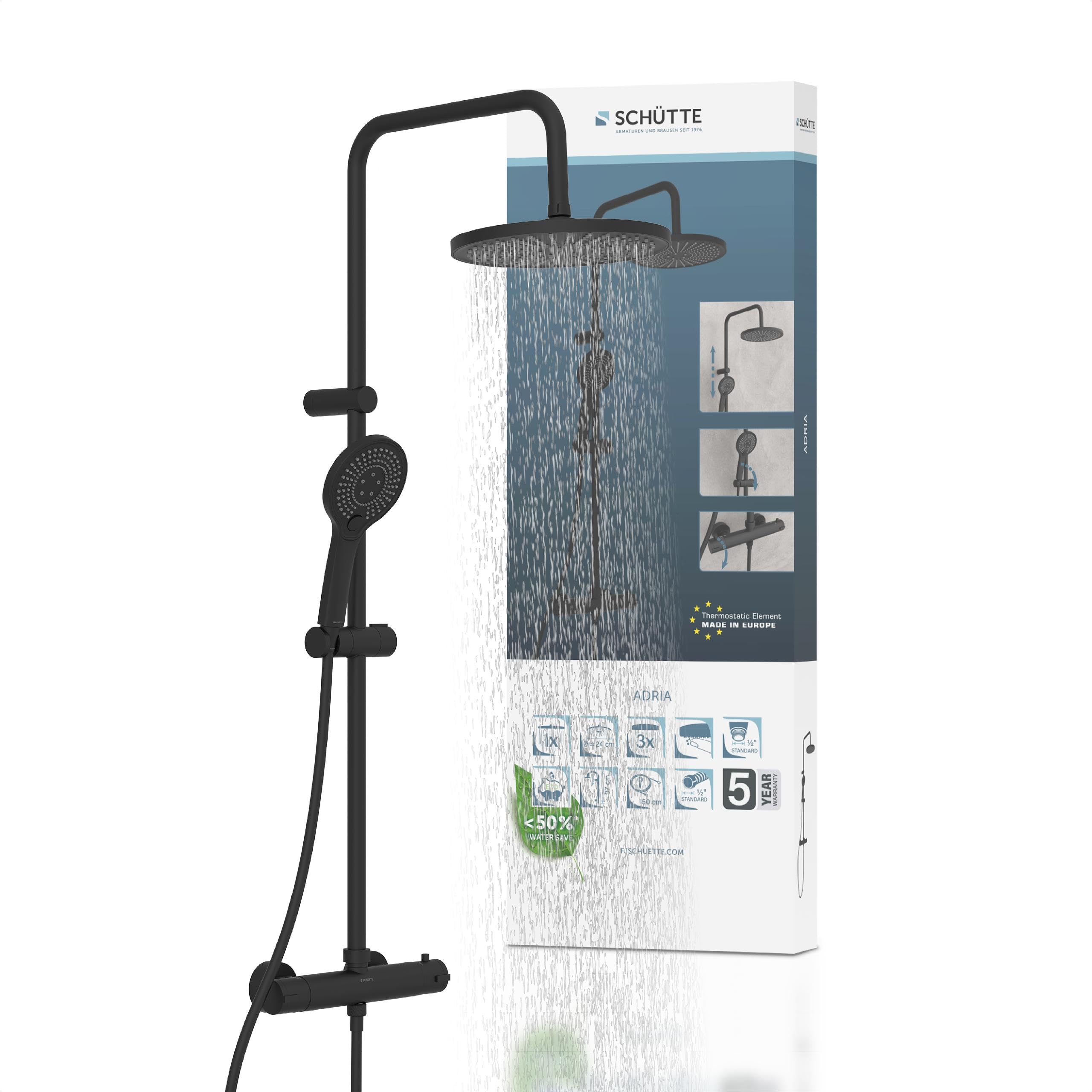 SCHÜTTE ADRIA 60171 Duschsystem mit Thermostat, Duschset mit großer Regendusche (Ø 24 cm) und verstellbarer Handbrause, Brauseset mit Duschstange, Duschsäule Duschpaneel, Schwarz