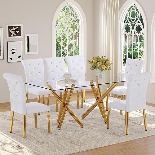Miniatura 14 de Ebullient Moderno juego de mesa de comedor para 6, mesa de comedor de cristal de 71 pulgadas y patas de mesa de metal dorado, mesas de comedor Mesa