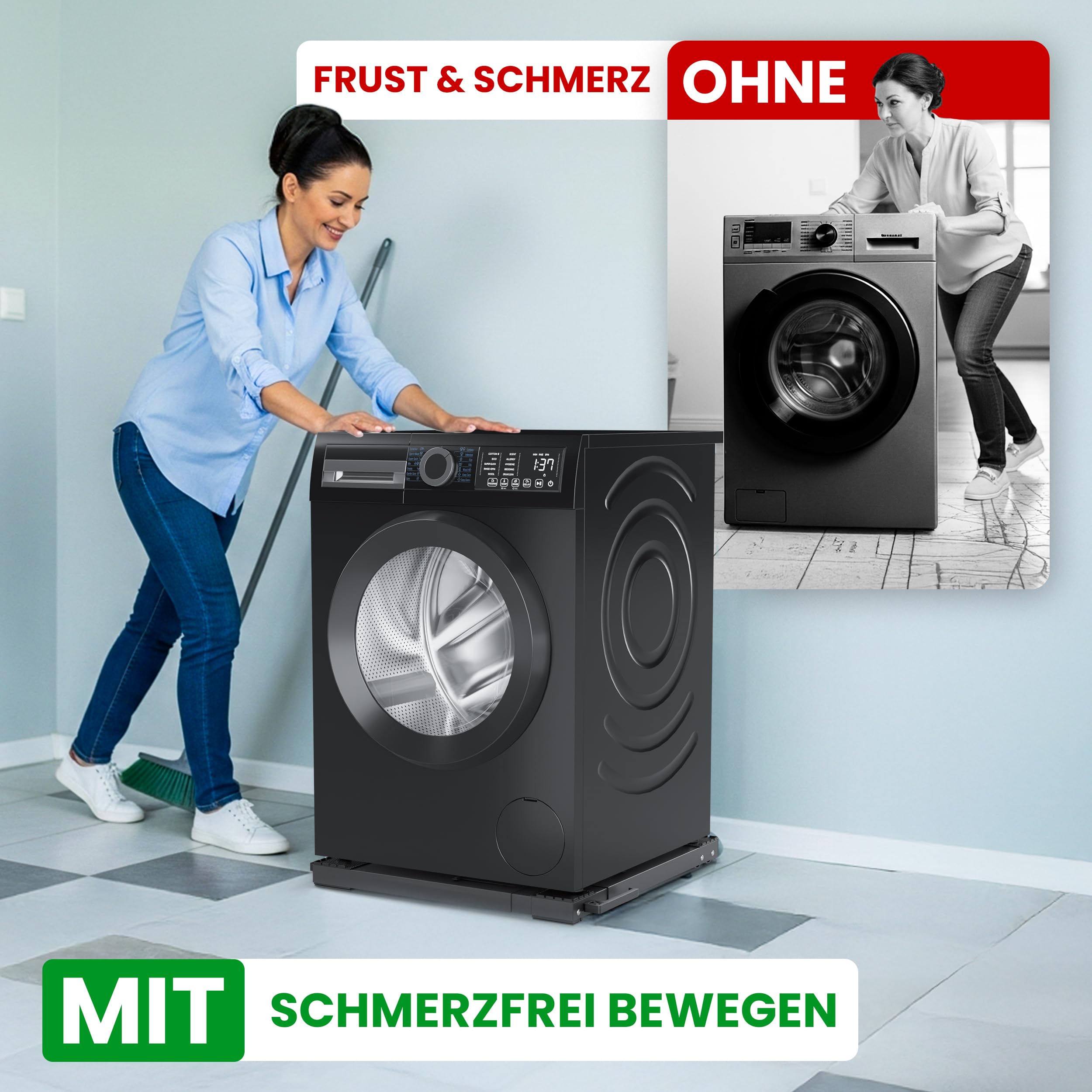 Waschmaschinen Untergestell mit Rollen & Bremse – verstellbar 37–67 cm – 300 kg Traglast – Transportroller mit Vibrationsdämpfung für Waschmaschine, Trockner & Kühlschrank