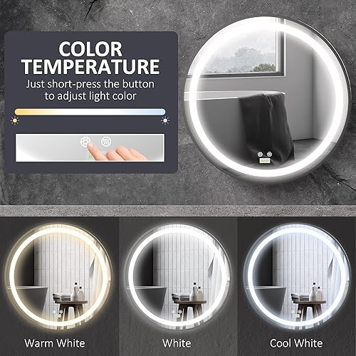 Miniatura 4 de kleankin Espejo de baño iluminado de 28 pulgadas para pared, espejo LED regulable con 3 colores de temperatura, función de memoria, espejo redondo