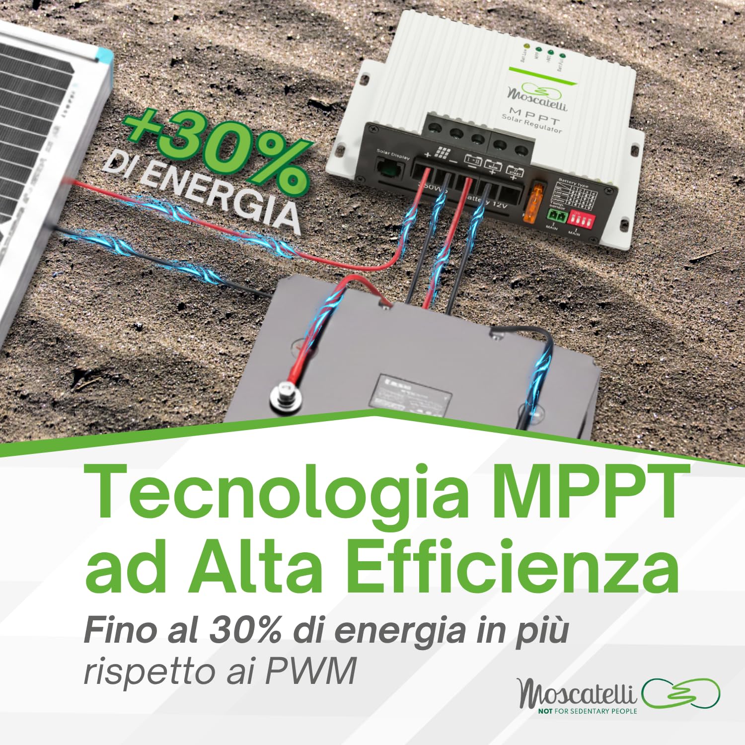 Regolatore di Carica MPPT 25A 12V per Pannello Solare 350Wp con Bluetooth – Gestione 2 Batterie Servizi + Motore – Compatibile AGM, Pb, LiFePO₄ – Fusibile Esterno e Protezioni – MOSCATELLI