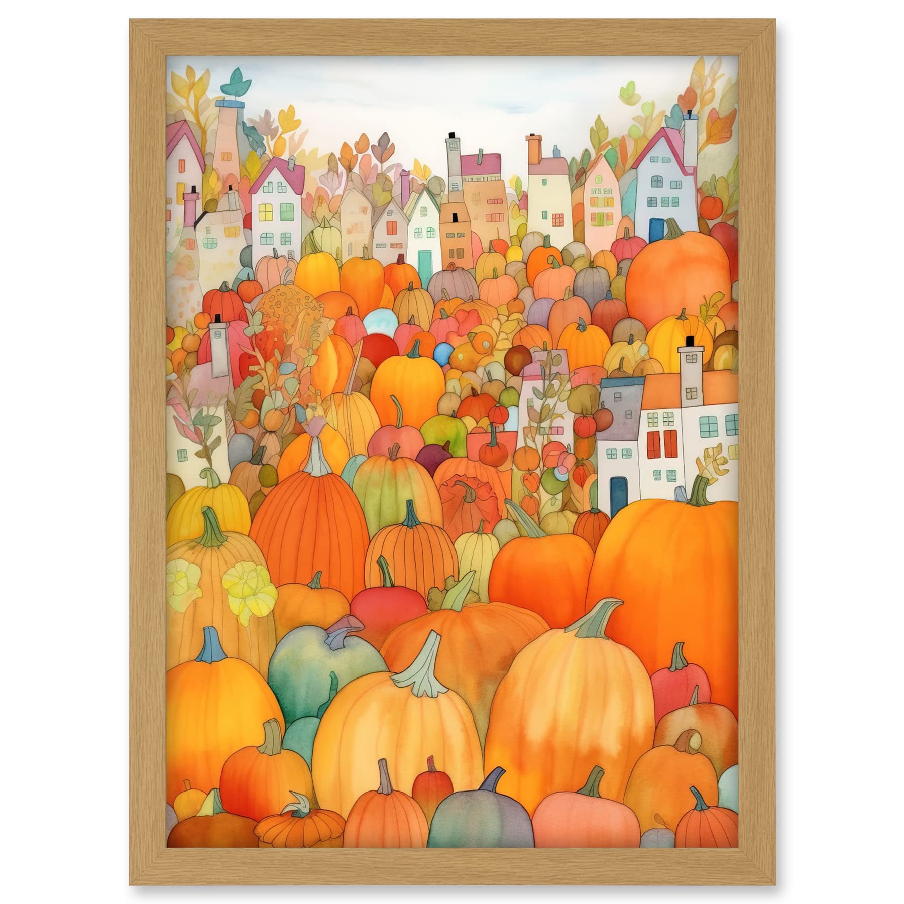 Artery8 Halloween Pumpkin Festival Autumn Harvest Modern Folk Art Watercolour Painting Artwork Framed A3 Wall Art Print