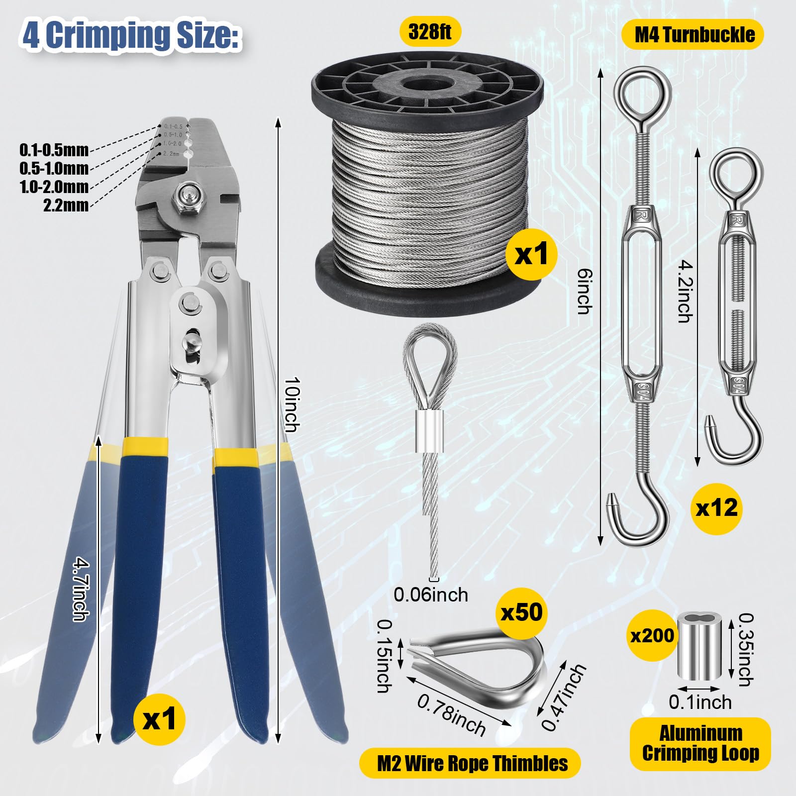 Kit di 264 pezzi da 100 m per crimpatura di funi metalliche, gancio e occhiello, in acciaio inox, ditale per fune metallica in alluminio, per esterni, giardino, cucina, ringhiera, kit per