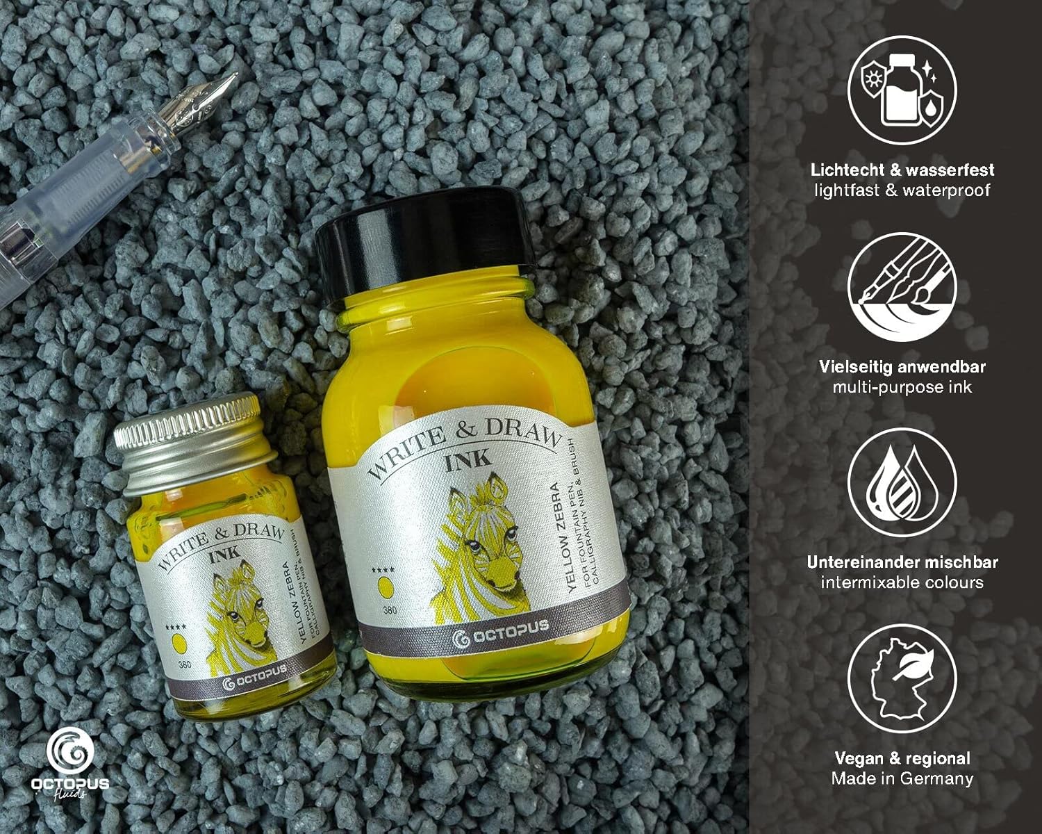 Octopus Write and Draw Ink 380 Yellow Zebra Waterproof Ink for Writing and Drawing Calligraphy Ink Non-Fading Drawing Ink for Fountain Pen Yellow 50ml